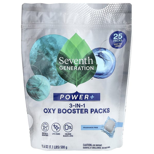 Seventh Generation, Power+, 3-in-1 Oxy Booster Packs, Fragrance Free, 25 Packs, 1.1 lbs (500 g)