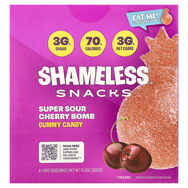 Shameless Snacks, Gummy Candy, Super Sour Cherry Bomb, 6 Bags, 1.8 oz (50 g) Each