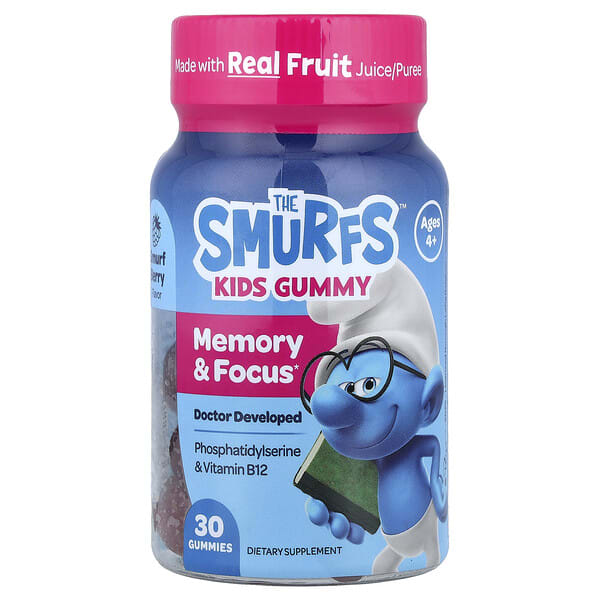 The Smurfs, Kids Gummy, Memory & Focus, Ages 4+, Smurf Berry, 30 чихэр