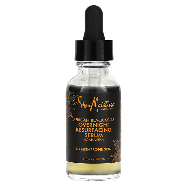 SheaMoisture, African Black Soap, Overnight Resurfacing Serum With AHA/BHA, 1 fl oz (30 ml) (Discontinued Item)