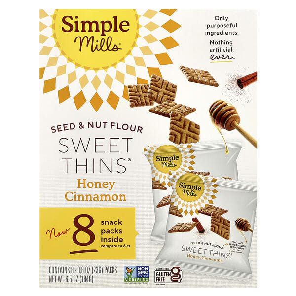 Simple Mills, Seed & Nut Flour, Sweet Thins®, Honey Cinnamon, 8 Packs, 0.8 oz (23 g) Each