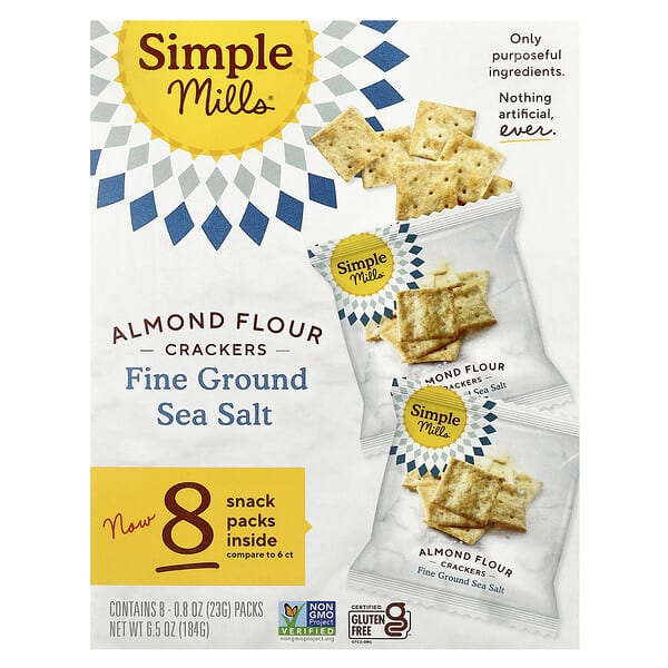 Simple Mills, Almond Flour Crackers, Fine Ground Sea Salt, 8 Packs, 0.8 oz (23 g) Each