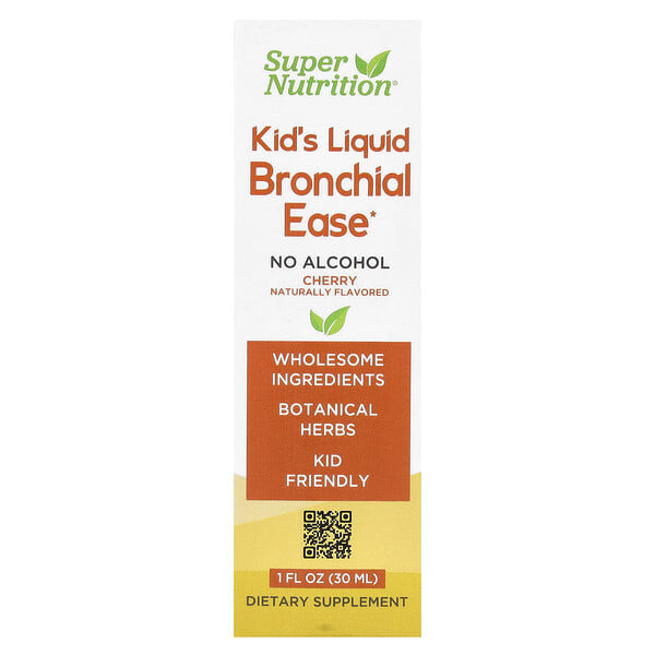 Super Nutrition, Kid's Liquid Bronchial Ease with Lovage Root, Fresh Yerba Santa Leaf, чихэр өвс үндэс, and Mullein Leaf, No Alcohol, Cherry, 1 fl oz (30 ml)