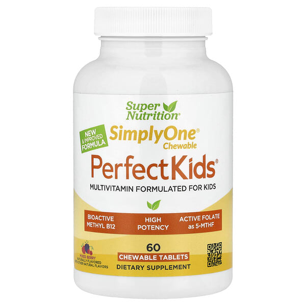 Super Nutrition, Simply One®, Perfect Kid's® Multivitamin with B12, нэрс, Spices, Витамин A, ба Folate, 60 зажилдаг шахмал