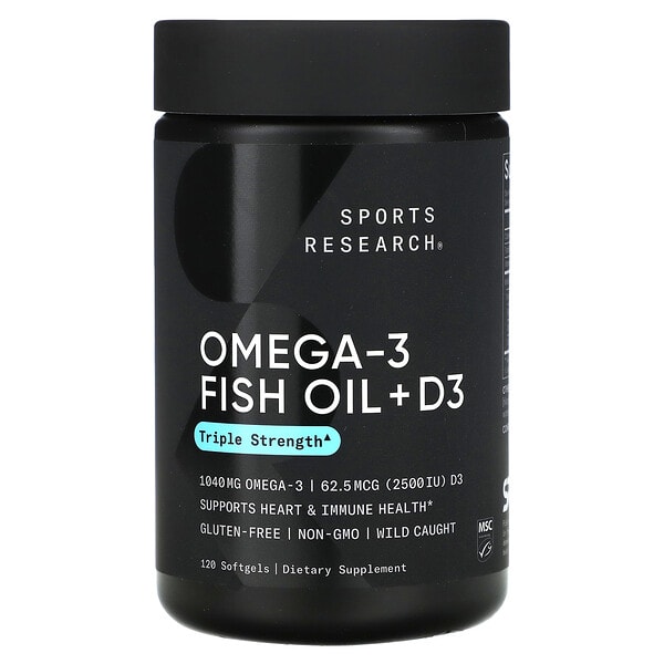 Sports Research, Omega-3 Загасны тос + D3, гурвалсан хүчтэй, 1, 040 mg & 62.5 mcg (2, 500 IU), 120 зөөлөн капсул
