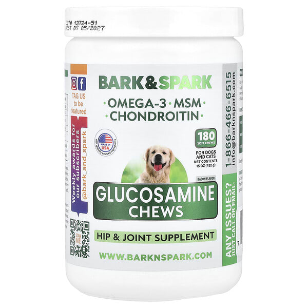 Bark&Spark, Glucosamine Chews, For Dogs ба Cats, Bacon, 180 Soft Chews, 15 oz (432 g)