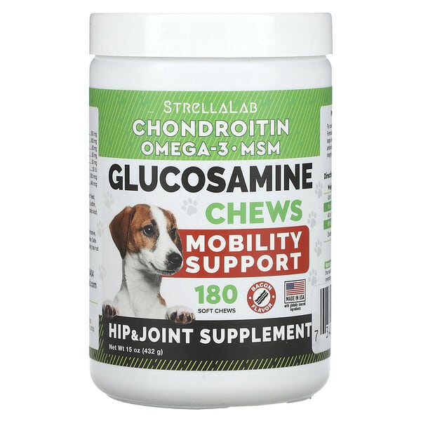 StrellaLab, Glucosamine Chews, For Dogs ба Cats, Bacon, 180 Soft Chews, 15 oz (432 g)