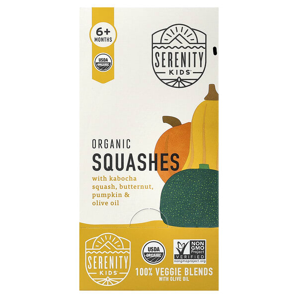 Serenity Kids, Organic Squashes with Kabocha Squash, Butternut, Pumpkin & Olive Oil, 6+ Months, 6 Pouches, 3.5 oz (99 g) Each