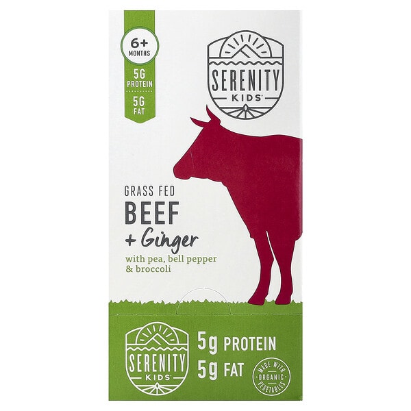 Serenity Kids, Grass Fed Beef + Ginger with Pea, Bell Pepper & Broccoli, 6+ Months, 6 Pouches, 3.5 oz (99 g) Each