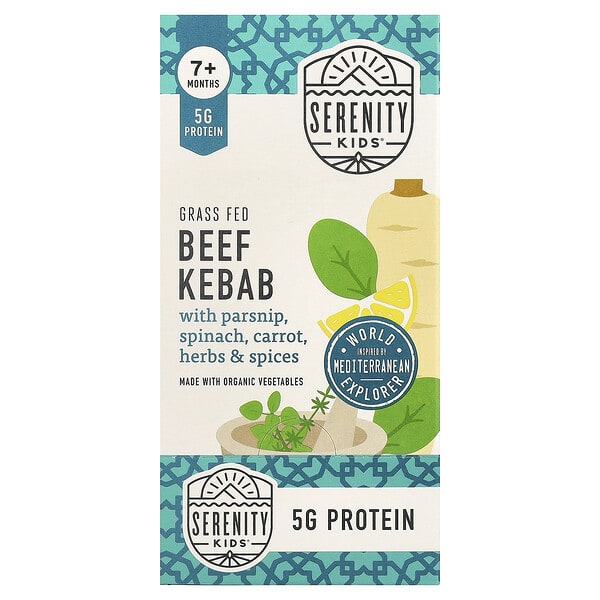 Serenity Kids, Grass Fed Beef Kebab with Parsnip, Spinach, Carrot, Herbs & Spices, 7+ Months, 6 Pouches, 3.5 oz (99 g) Each