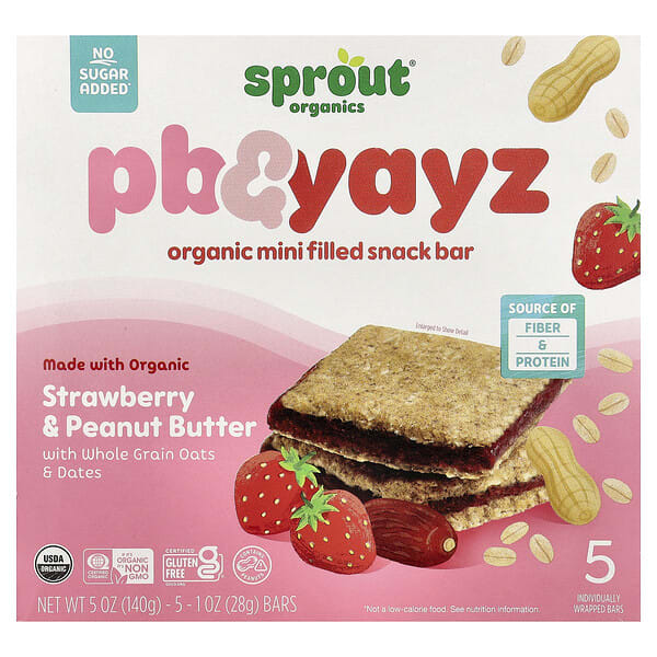 Sprout Organics, PB & Yayz, Organic Mini Filled Snack Bar, Kids 2+ Years, Strawberry & Peanut Butter, 5 Bars, 1 oz (28 g) Each