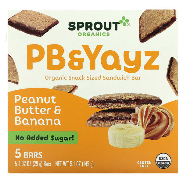 Sprout Organics, PB & Yayz, Organic Snack Sized Sandwich Bar, Peanut Butter & Banana, 5 Bars, 1.02 oz (29 g) тус бүр