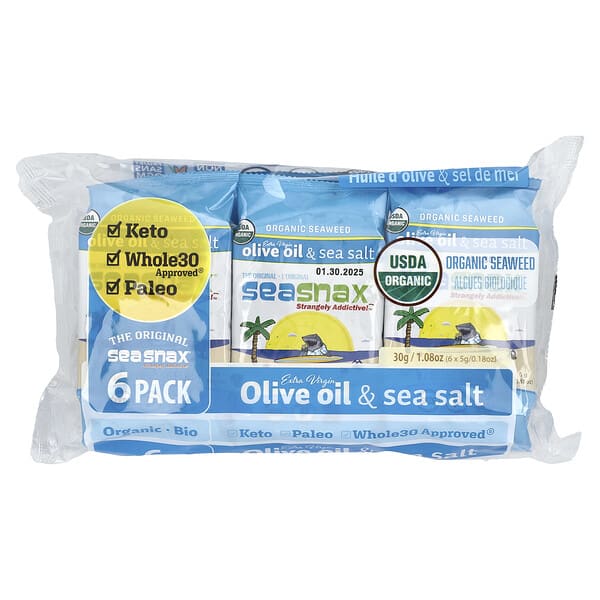 SeaSnax, Organic Seaweed, Extra Virgin Olive Oil & Sea Salt, 6 Pack, 0.18 oz (5 g) тус бүр
