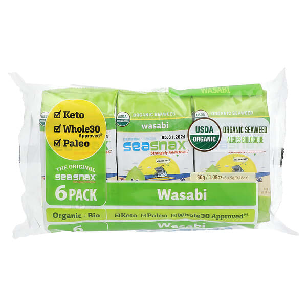 SeaSnax, Organic Seaweed, Wasabi, 6 Pack, 0.18 oz (5 g) тус бүр