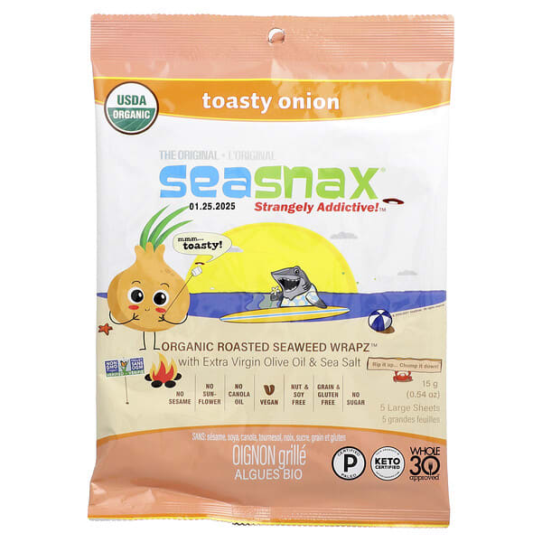 SeaSnax, Organic Roasted Seaweed Wrapz with Extra Virgin Olive Oil & Sea Salt, Toasty Onion, 5 Large Sheets, 0.54 oz (15 g)