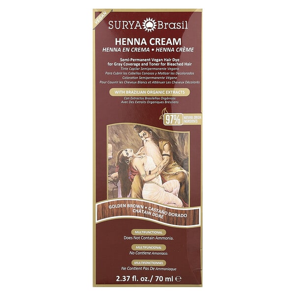 Surya Brasil, Henna Cream, Semi-Permanent Vegan Hair Dye For Gray Coverage and Toner for Bleached Hair, Golden Brown, 2.37 fl oz (70 ml)