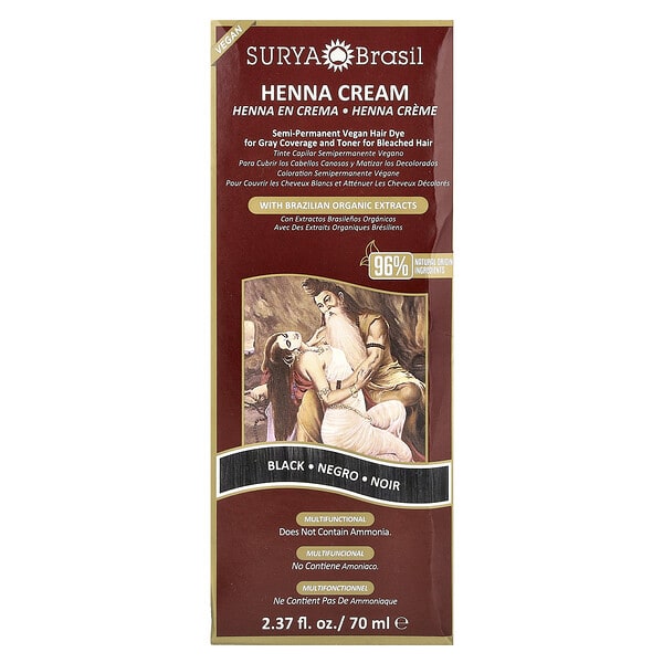 Surya Brasil, Henna Cream, Semi-Permanent Vegan Hair Dye for Gray Coverage and Toner for Bleached Hair, Black, 2.37 fl oz (70 ml)