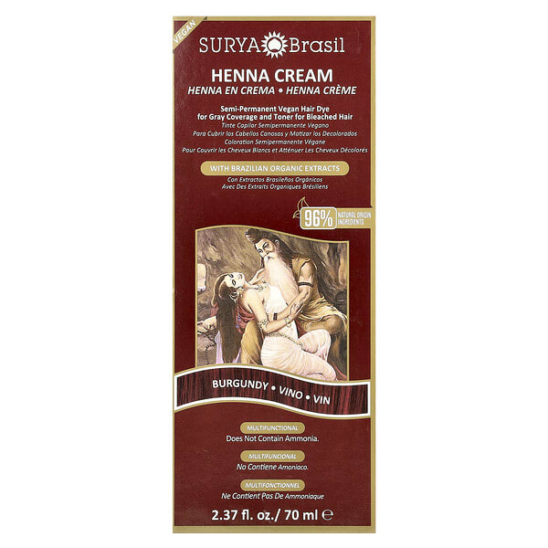 Surya Brasil, Henna Cream, Semi-Permanent Vegan Hair Dye for Gray Coverage and Toner for Bleached Hair, Burgundy, 2.37 fl oz (70 ml)