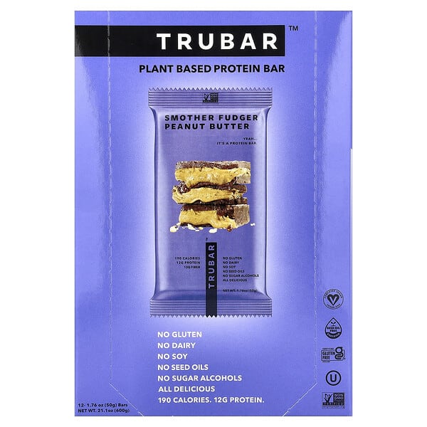 Trubar, Plant Based Protein Bar, Smoother Fudger Peanut Butter, 12 Bars, 1.76 oz (50 g) Each