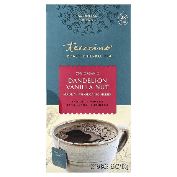 Teeccino, Roasted Herbal Tea, Dandelion Vanilla Nut, Caffeine Free, 25 Tea Bags, 5.3 oz (150 g)
