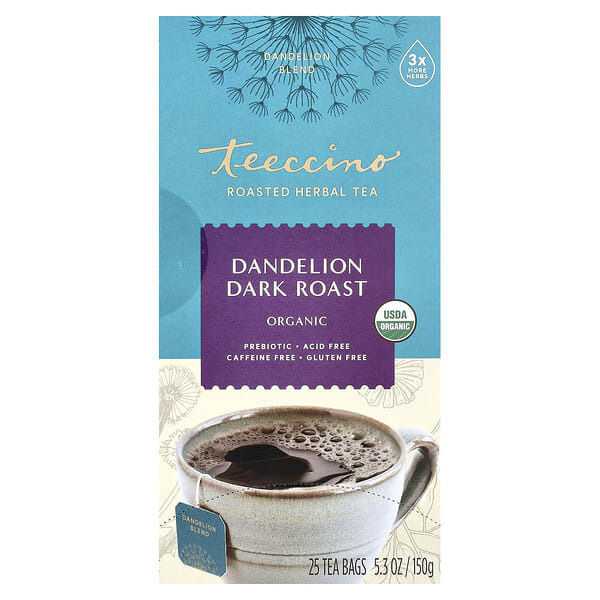 Teeccino, Organic Roasted Herbal Tea, Dandelion Dark Roast, Caffeine Free, 25 Tea Bags, 5.3 oz (150 g)