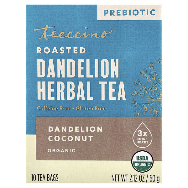Teeccino, Organic Roasted Herbal Tea, Dandelion Coconut, Caffeine Free, 10 Tea Bags, 2.12 oz (60 g)