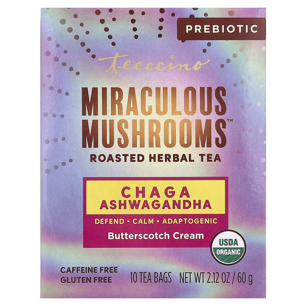Teeccino, Miraculous Mushrooms™, Roasted Herbal Tea, Butterscotch Cream, Caffeine Free, 10 Tea Bags, 2.12 oz (60 g)