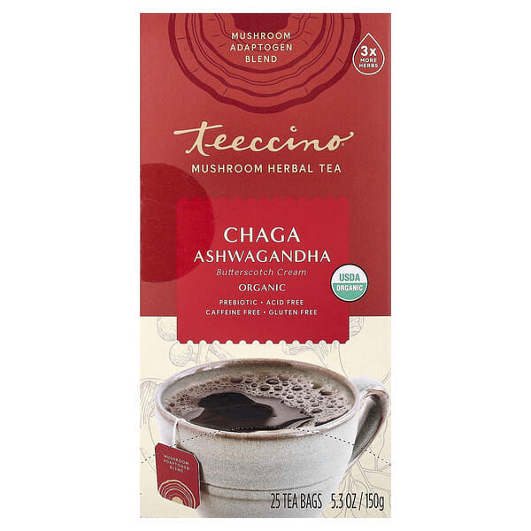 Teeccino, Organic Mushroom Herbal Tea, Chaga Ashwagandha, Butterscotch Cream, Caffeine Free, 25 Tea Bags, 5.3 oz (150 g)