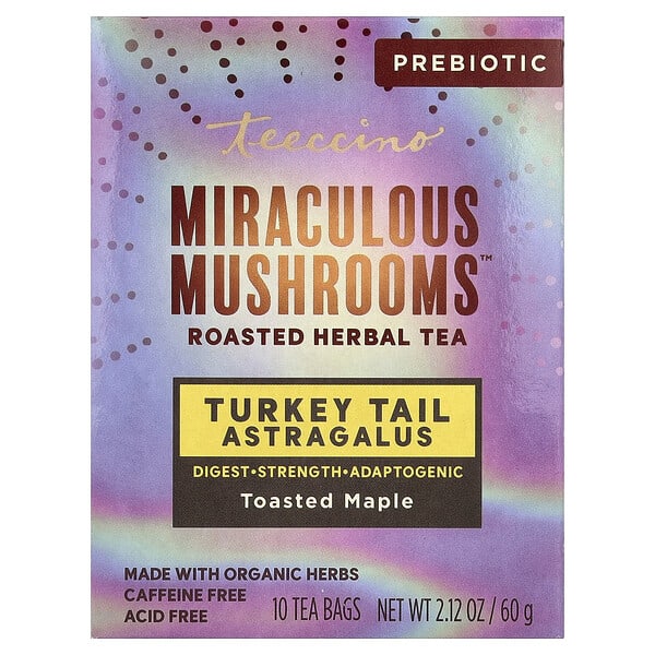 Teeccino, Miraculous Mushroom™ Roasted Herbal Tea, Turkey Tail Astragalus, Toasted Maple, Caffeine Free, 10 Tea Bags, 2.12 oz (60 g)