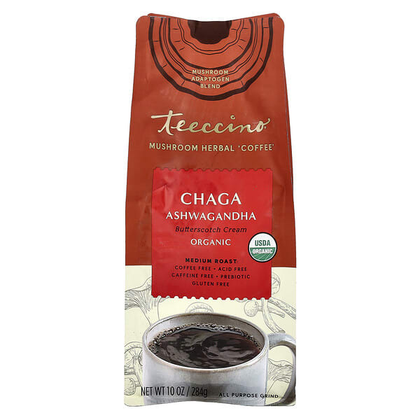 Teeccino, Mushroom Herbal Coffee, Chaga Ashwagandha, Medium Roast, Caffeine Free, 10 oz (284 g)