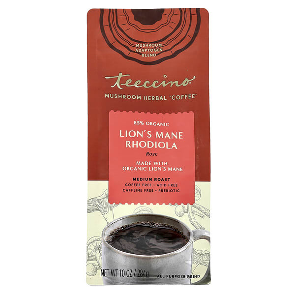 Teeccino, Mushroom Herbal 'Coffee', Organic Lion's Mane Rhodiola, Medium Roast, Caffeine Free, 10 oz (284 g)