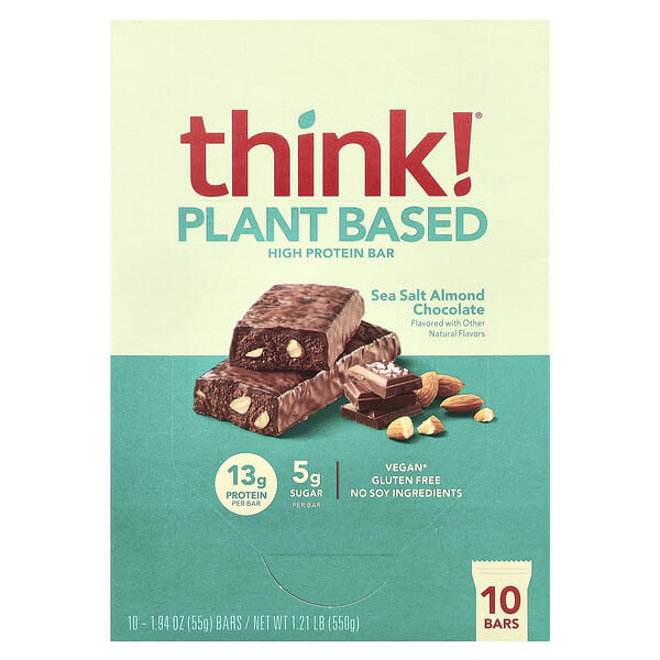 Think !, Plant Based High Protein Bars, Sea Salt Almond Chocolate, 10 Bars, 1.94 oz (55 g) Each