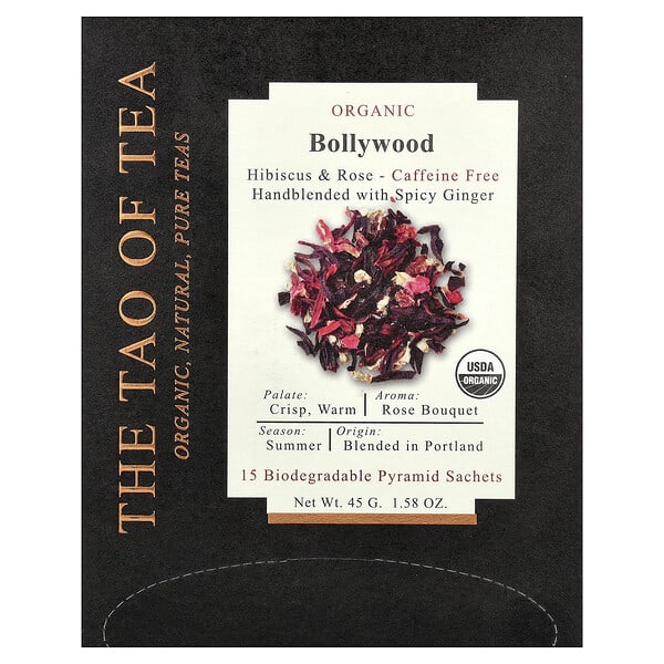 The Tao of Tea, Organic Bollywood, Hibiscus & Rose, Caffeine Free, 15 Biodegradable Pyramid Sachets, 1.58 oz (45 g)