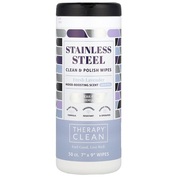 Therapy Clean, Stainless Steel, Clean & Polish Wipes, Fresh Lavender, 30 Wipes (Discontinued Item)