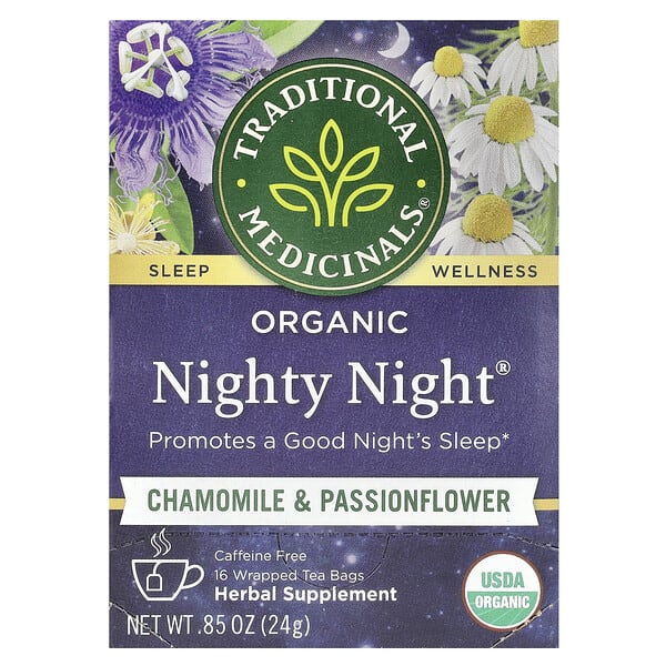 Traditional Medicinals, Organic Nighty Night®, Chamomile & Passionflower, Caffeine Free, 16 Wrapped Tea Bags, 0.85 oz (24 g)