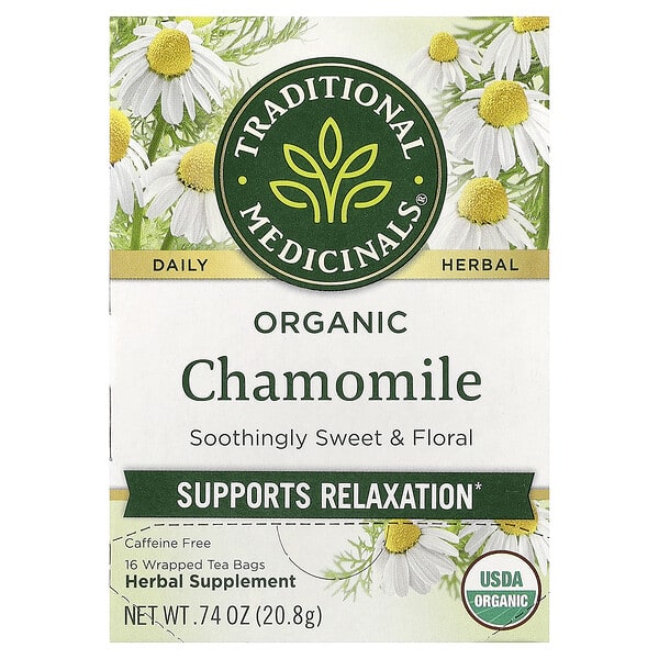 Traditional Medicinals, Organic Chamomile, Caffeine Free, 16 Wrapped Tea Bags, 0.74 oz (20.8 g)