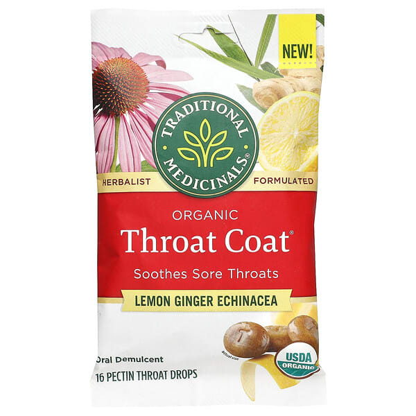 Traditional Medicinals, Organic Throat Coat® Drops, Lemon Ginger Echinacea, 16 Pectin Throat Drops