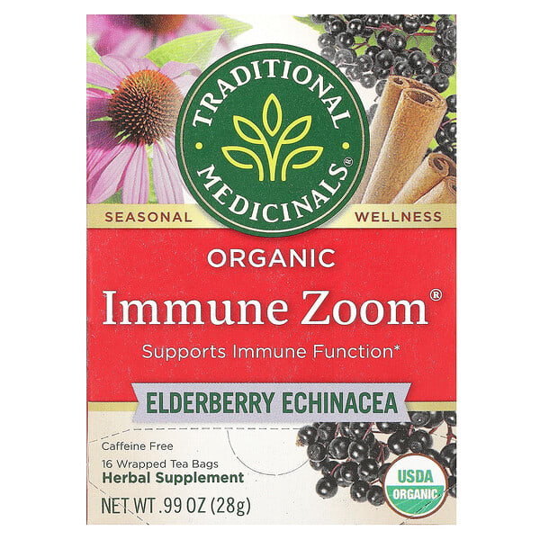 Traditional Medicinals, Organic Immune Zoom®, Бузны жимс Эхинацей, Caffeine Free, 16 Wrapped Tea Bags, 0.99 oz (28 g)