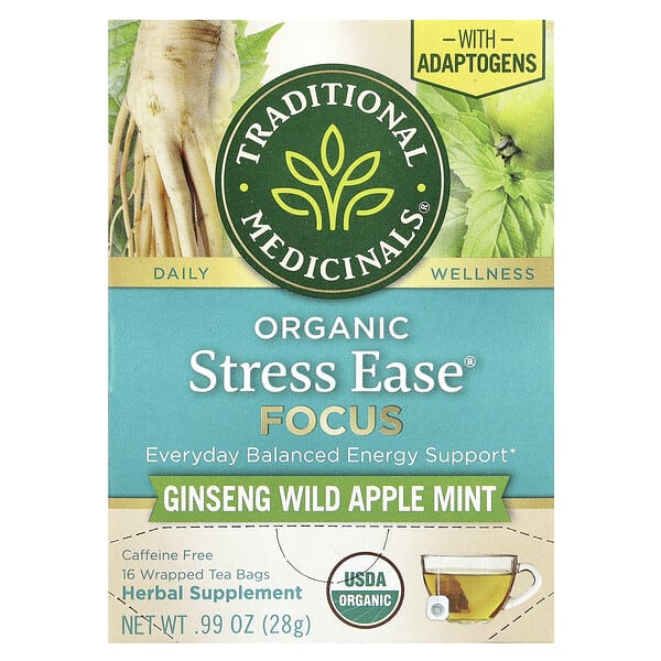 Traditional Medicinals, Organic Stress Ease® Focus, Ginseng Wild Apple Mint, Caffeine Free, 16 Wrapped Tea Bags, 0.99 oz (28 g)