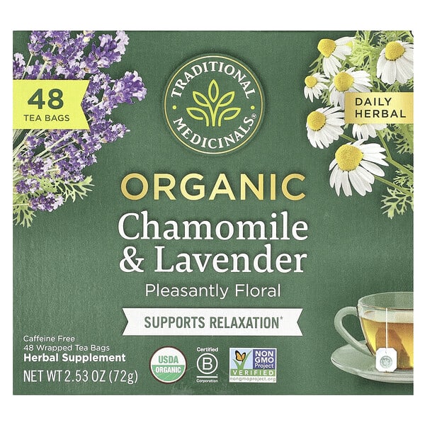 Traditional Medicinals, Organic Chamomile & Lavender, Caffeine Free, 48 Wrapped Tea Bags, 2.53 oz (72 g)