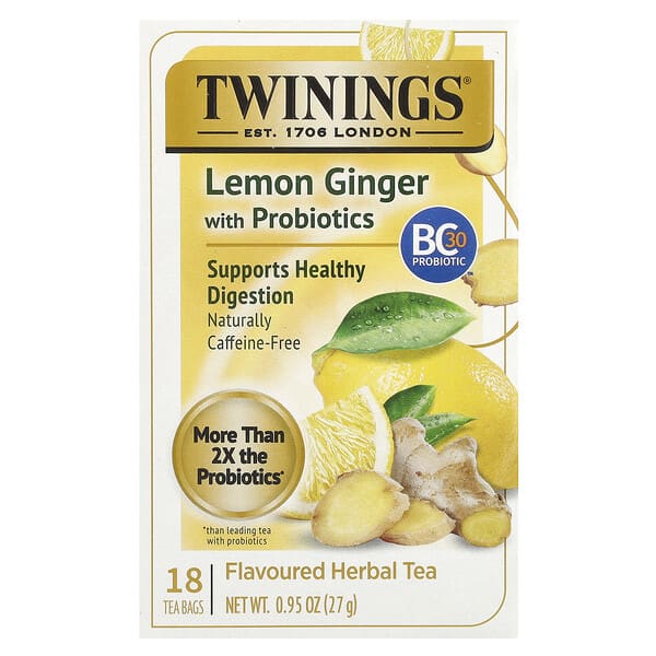 Twinings, Flavored Herbal Tea, Lemon Ginger With Probiotics, Caffeine-Free, 18 Tea Bags, 0.95 oz (27 g)