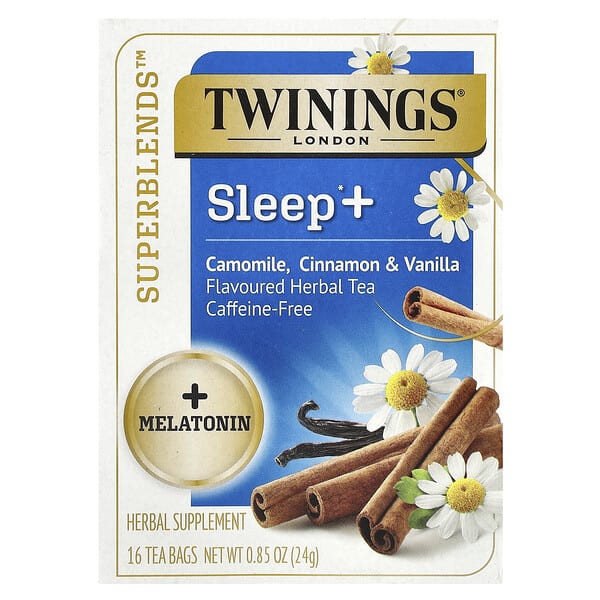 Twinings, Sleep+ with Melatonin Herbal Tea, Camomile, Cinnamon & Vanilla, Caffeine Free, 16 Tea Bags, 0.85 oz (24 g)