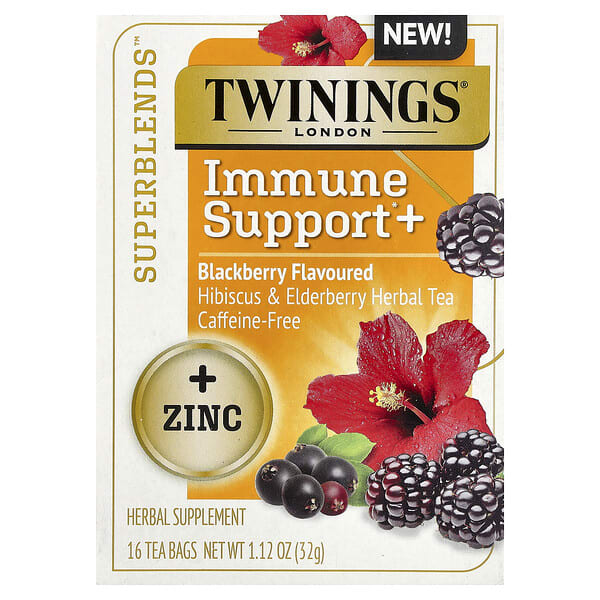Twinings, Superblends™, Immune Support+ Hibiscus & Elderberry Herbal Tea, Blackberry, Caffeine-Free, 16 Tea Bags, 1.12 oz (32 g)
