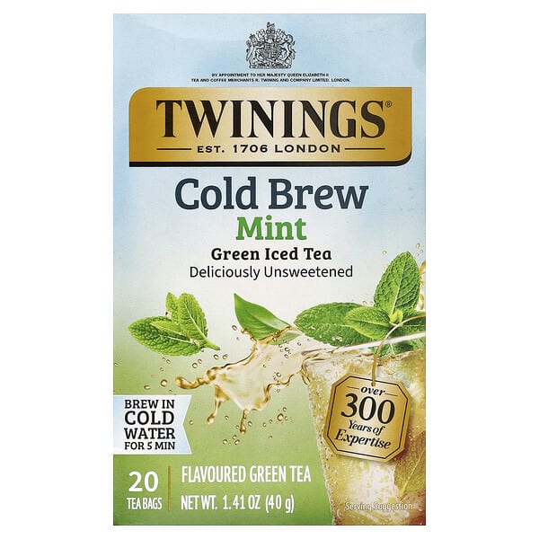 Twinings, Cold Brew Iced Tea, ногоон цай, Mint, Unsweetened, 20 Tea Bags, 1.41 oz (40 g)