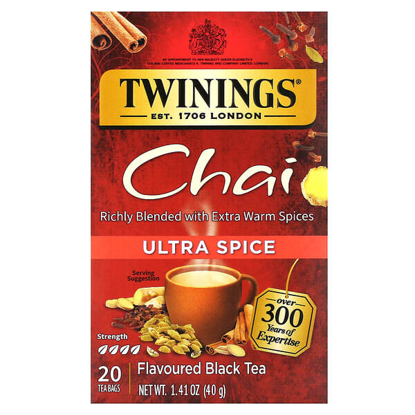 Twinings, Flavored Black Tea, Chai, Ultra Spice, 20 Tea Bags, 1.41 oz (40 g)