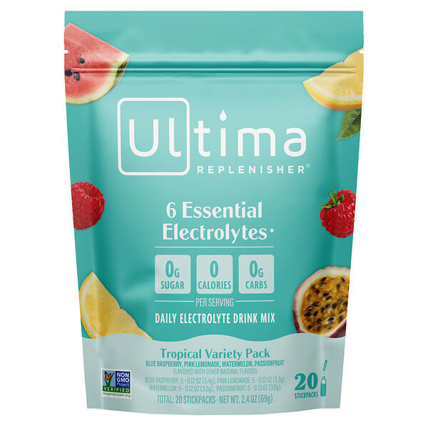 Ultima Replenisher, 6 Essential Electrolytes, Daily Electrolyte Drink Mix, Tropical Variety Pack, 20 Stickpacks, 2.4 oz (69 g)
