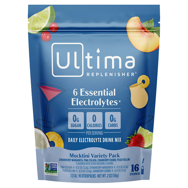 Ultima Replenisher, 6 Essential Electrolytes, Daily Electrolyte Drink Mix, Mocktini Variety Pack, 16 Stickpacks, 2 oz (56 g)