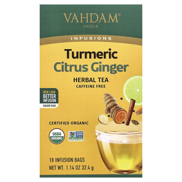 VAHDAM India, Infusions, Herbal Tea, Turmeric Citrus Ginger, Caffeine Free, 18 Infusion Bags, 1.14 oz (32.4 g)