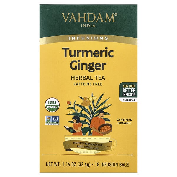 VAHDAM India, Infusions, Herbal Tea, Куркума Цагаан гаа, Caffeine Free, 18 Infusion Bags, 1.14 oz (32.4 g)