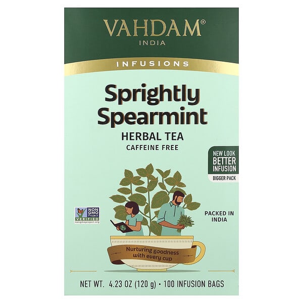 VAHDAM India, Infusions, Herbal Tea, Sprightly Spearmint, Caffeine Free, 100 Infusion Bags, 4.23 oz (120 g)